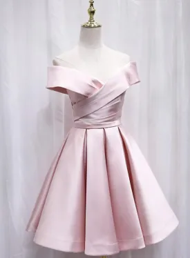 Cute Satin Pink Sweetheart Off Shoulder Knee Length Party Dress, Short Prom Dress