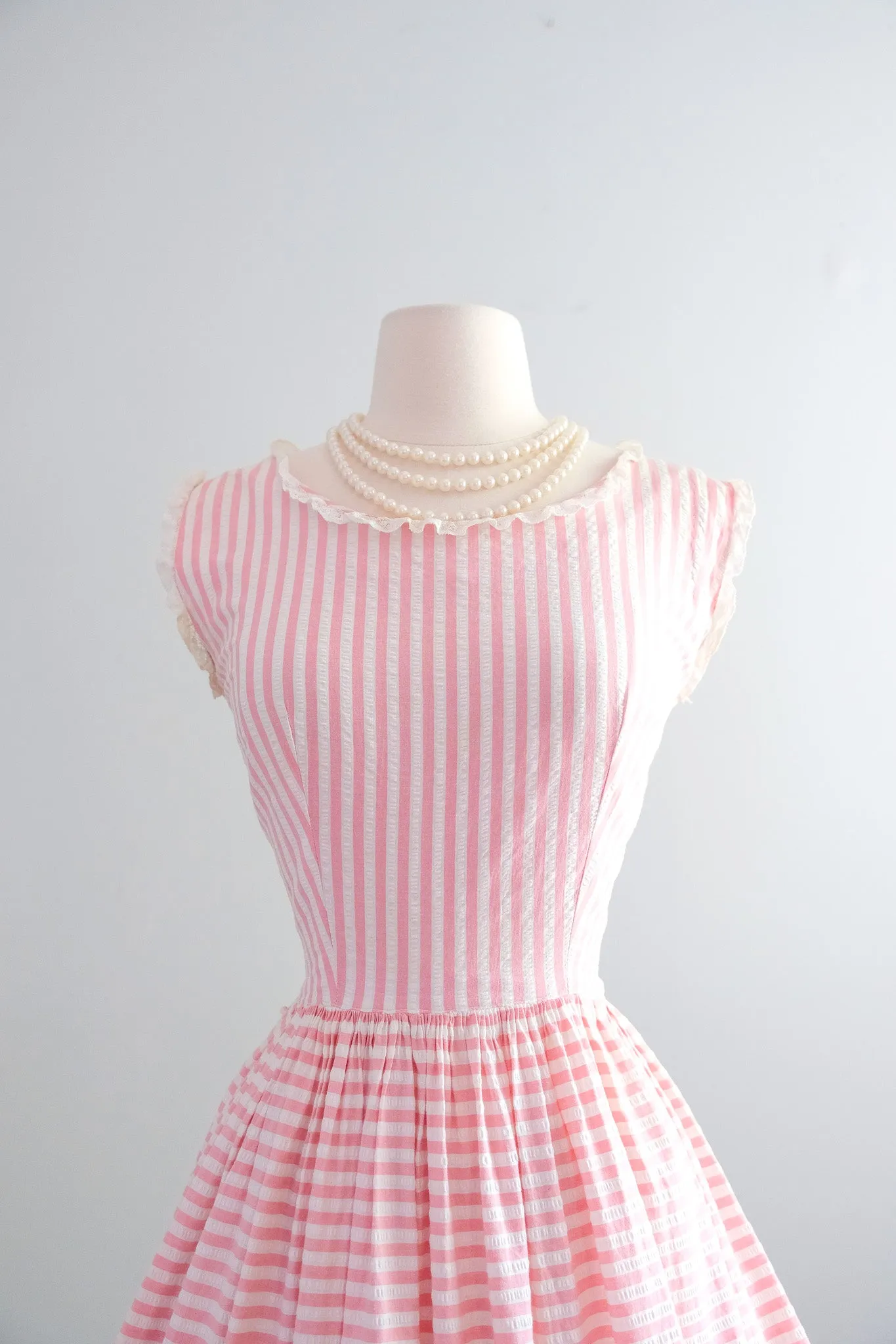 Darling 1950's Bubblegum Pink Stripes & Lace Cotton Dress / Sz M