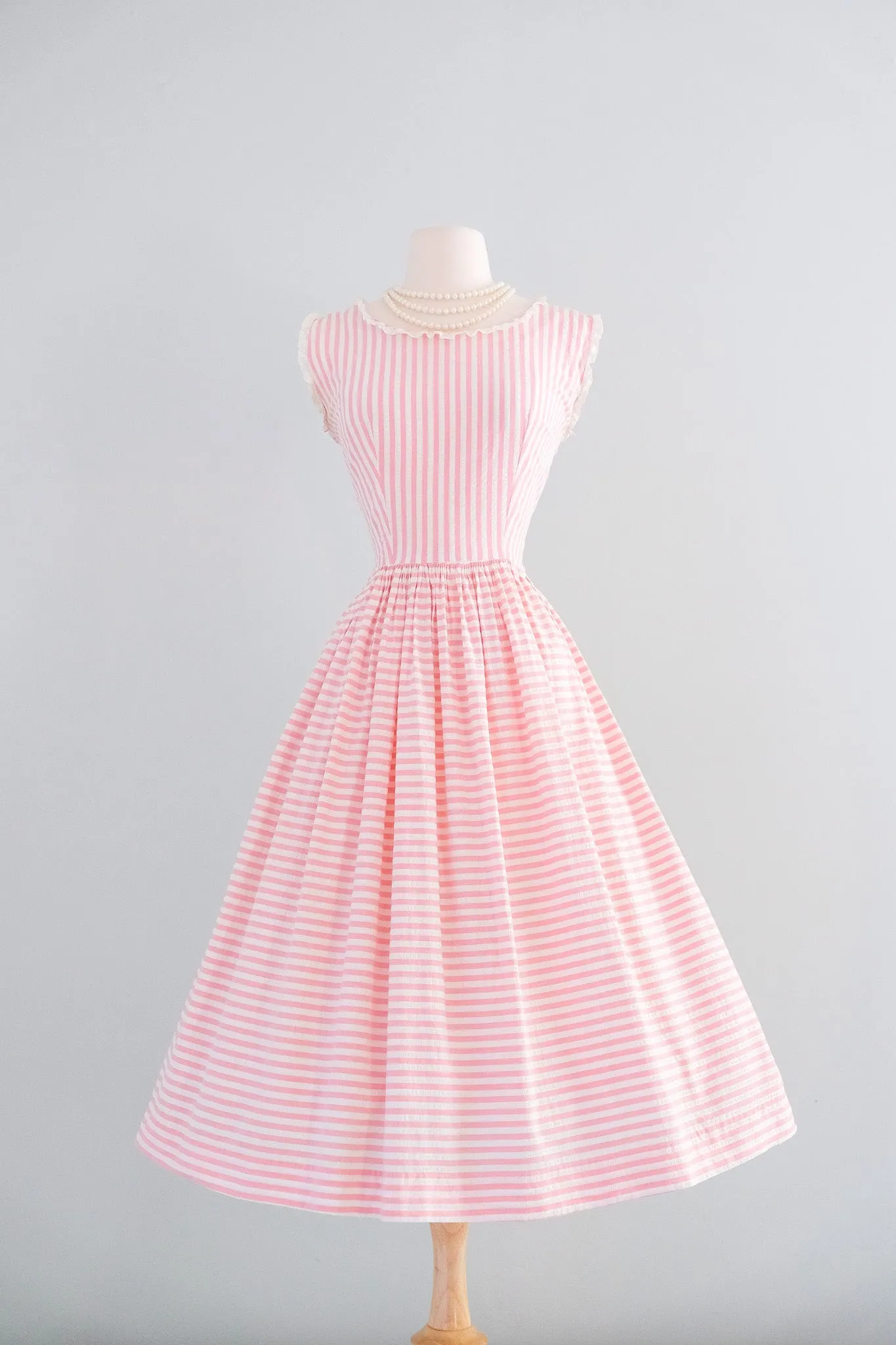 Darling 1950's Bubblegum Pink Stripes & Lace Cotton Dress / Sz M