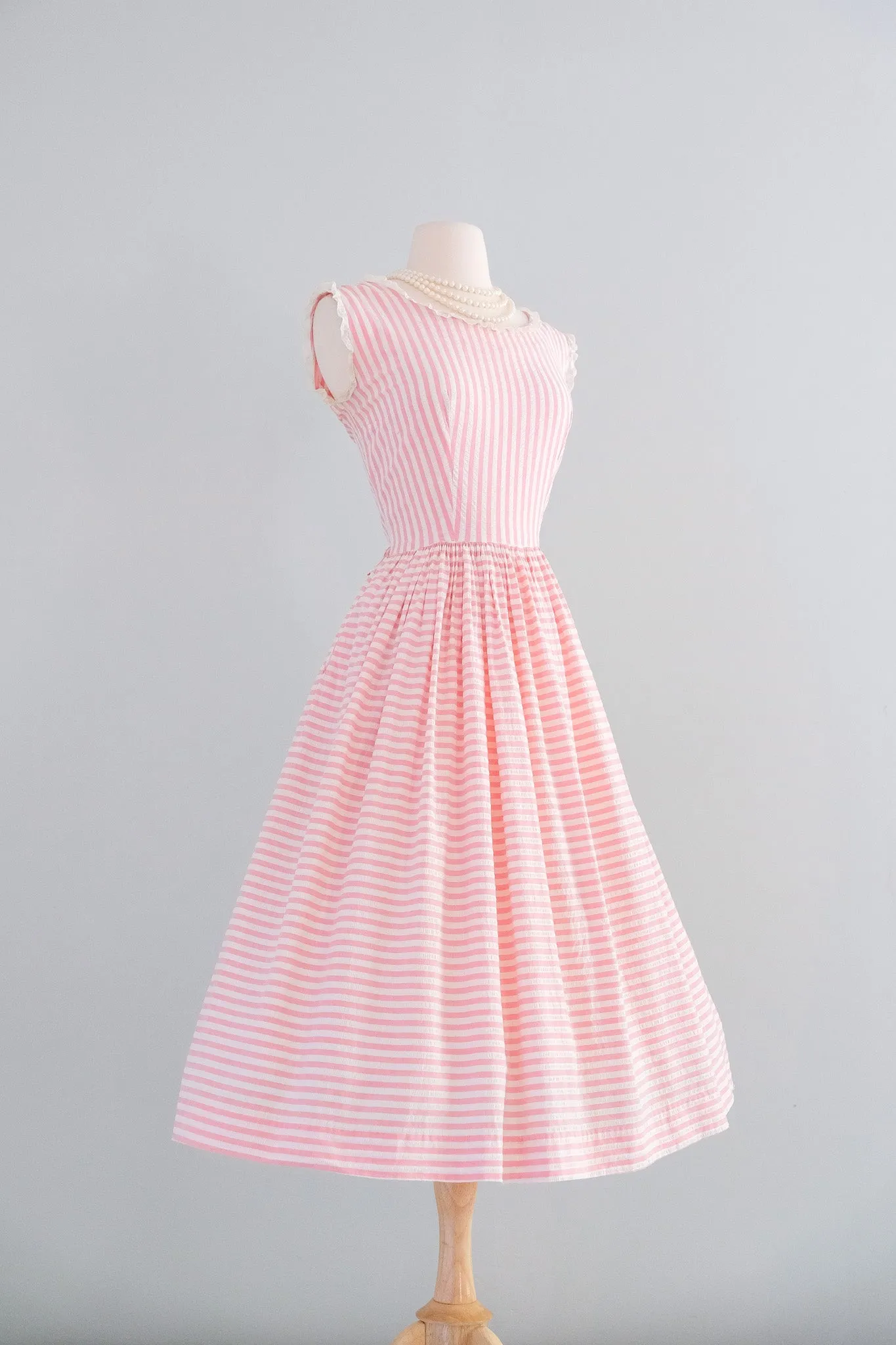 Darling 1950's Bubblegum Pink Stripes & Lace Cotton Dress / Sz M