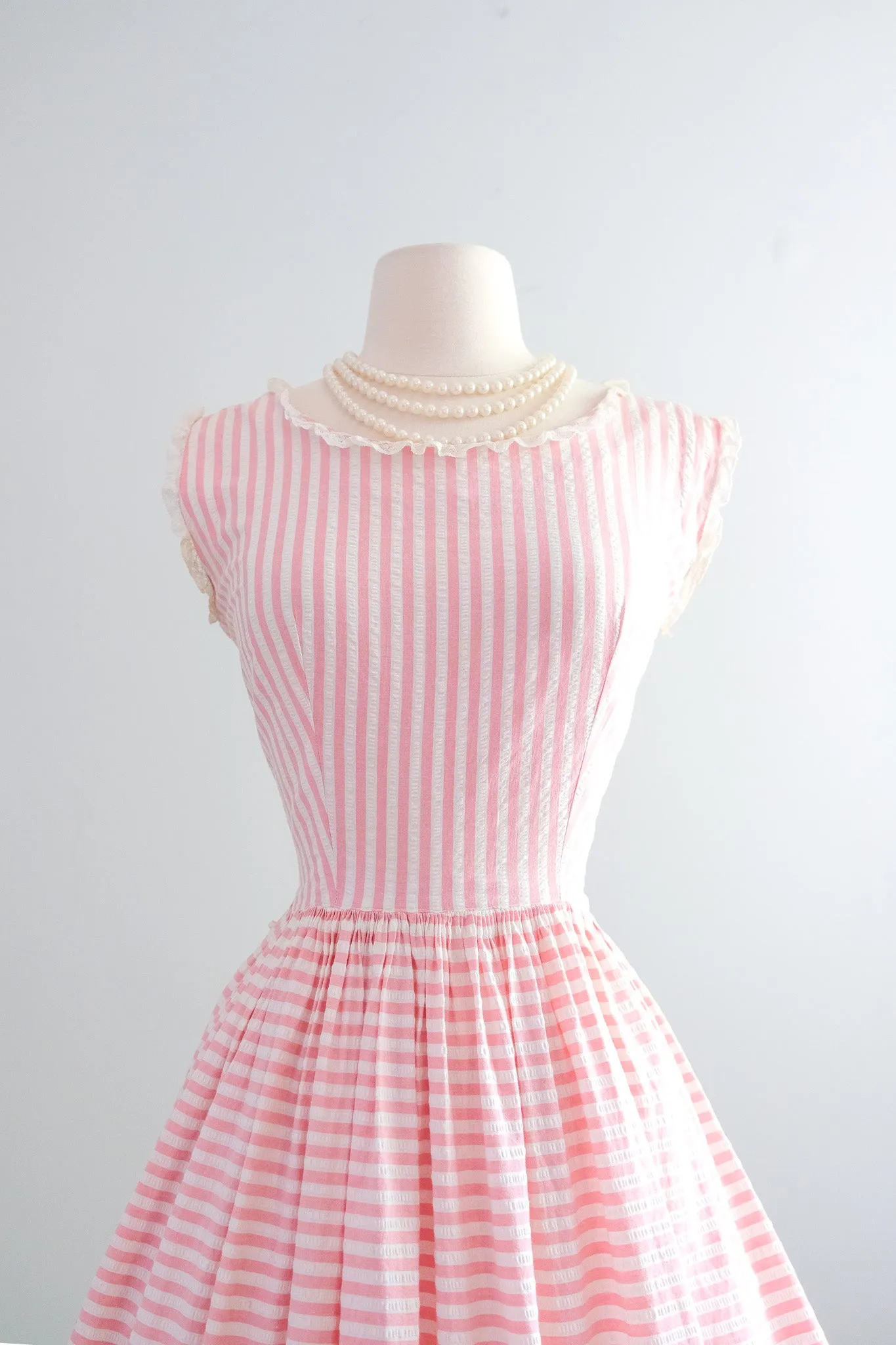 Darling 1950's Bubblegum Pink Stripes & Lace Cotton Dress / Sz M