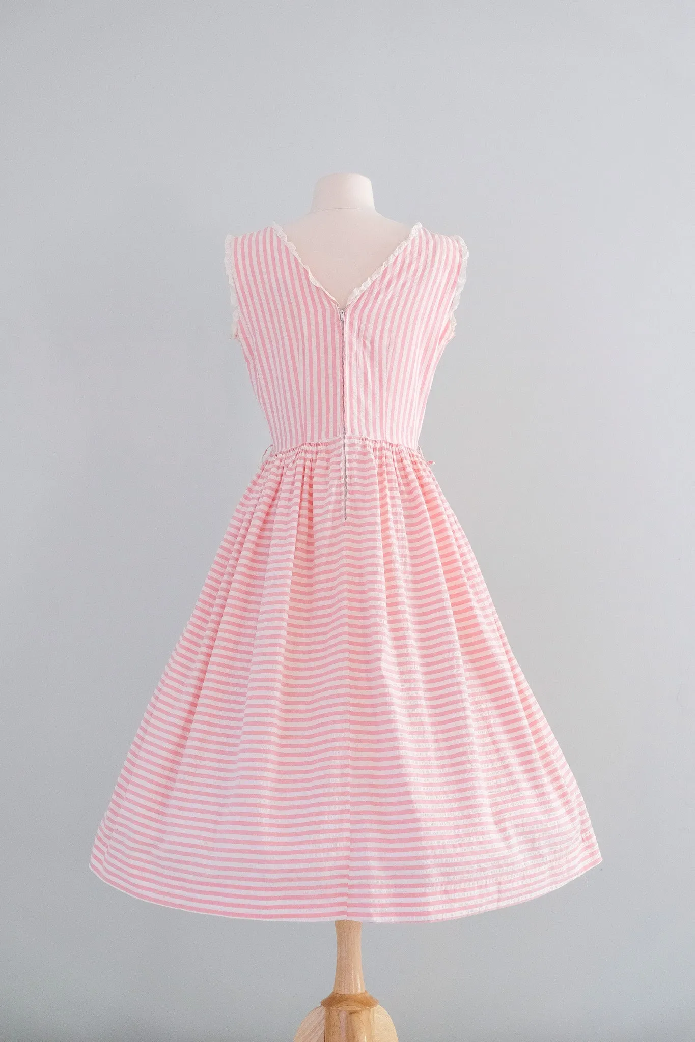 Darling 1950's Bubblegum Pink Stripes & Lace Cotton Dress / Sz M