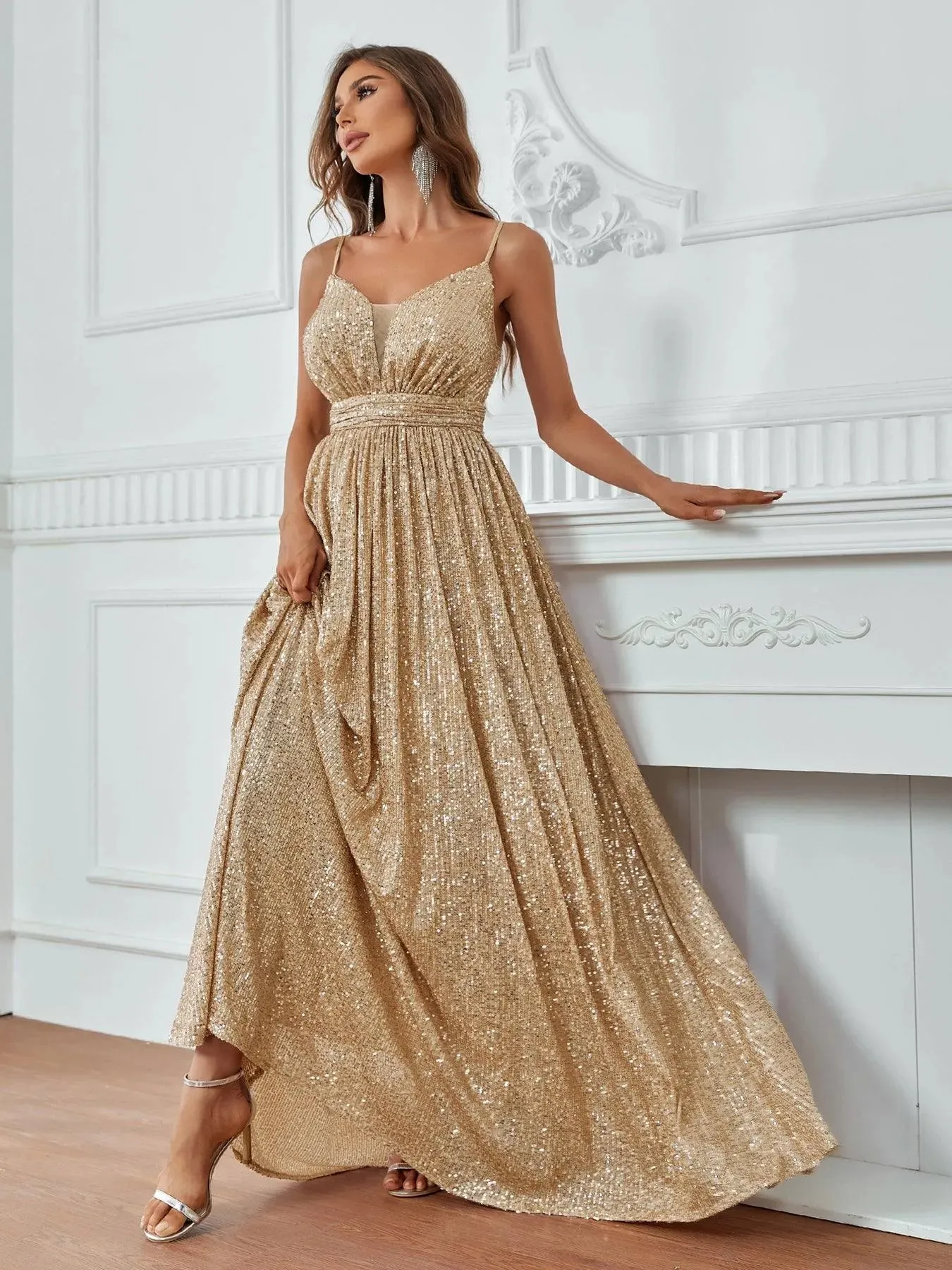 Elegant Plunging Neck A Line Sequin Slip Dress