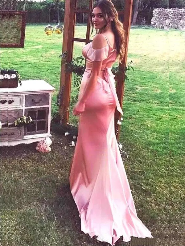 Elegant Sexy Shiny Pink Spaghetti Strap V-neck Mermaid Long Prom Dress With Trail