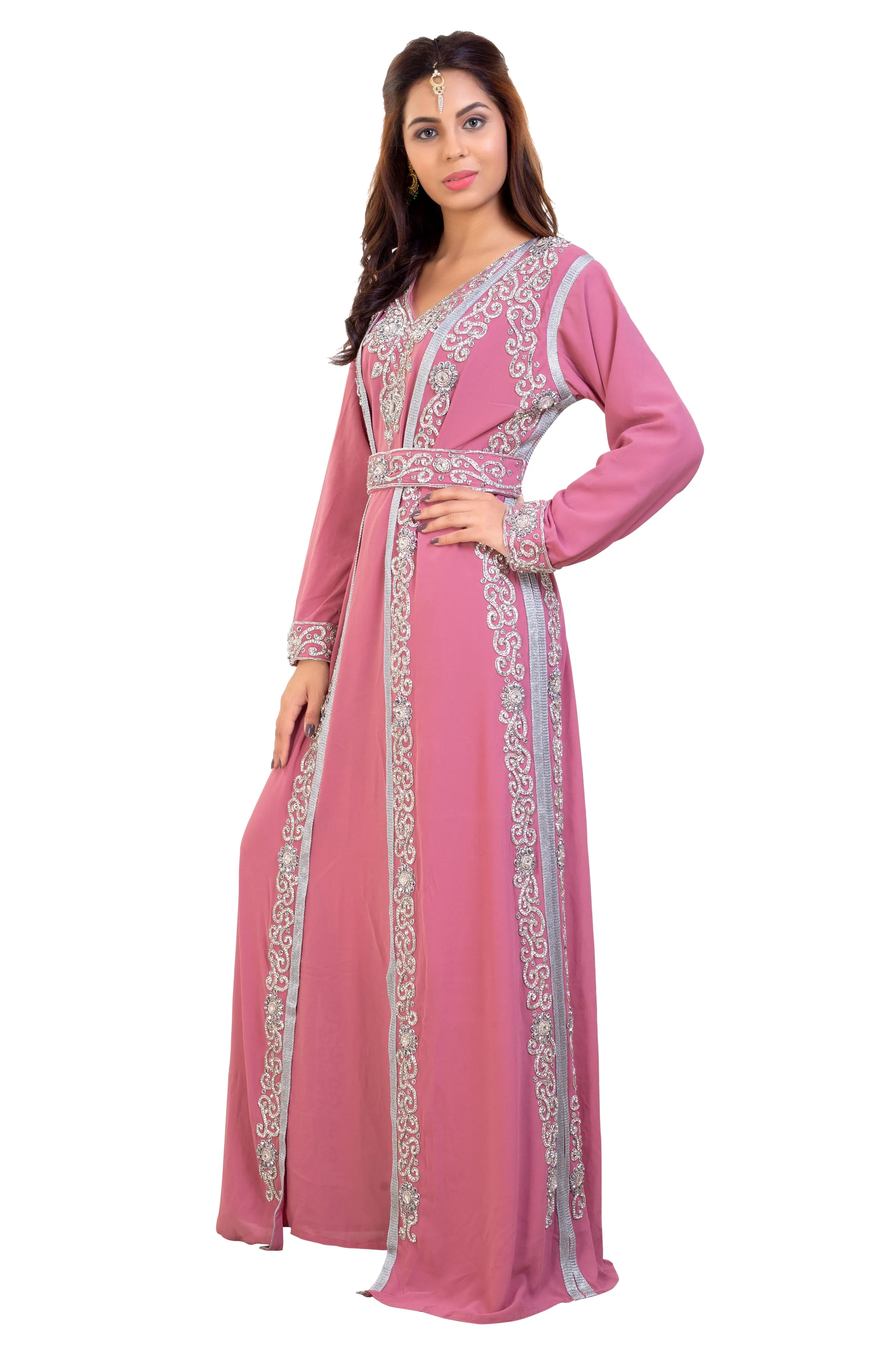 Embroidered Maxi Dress with Crystal Stones Beaded Dubai Kaftan