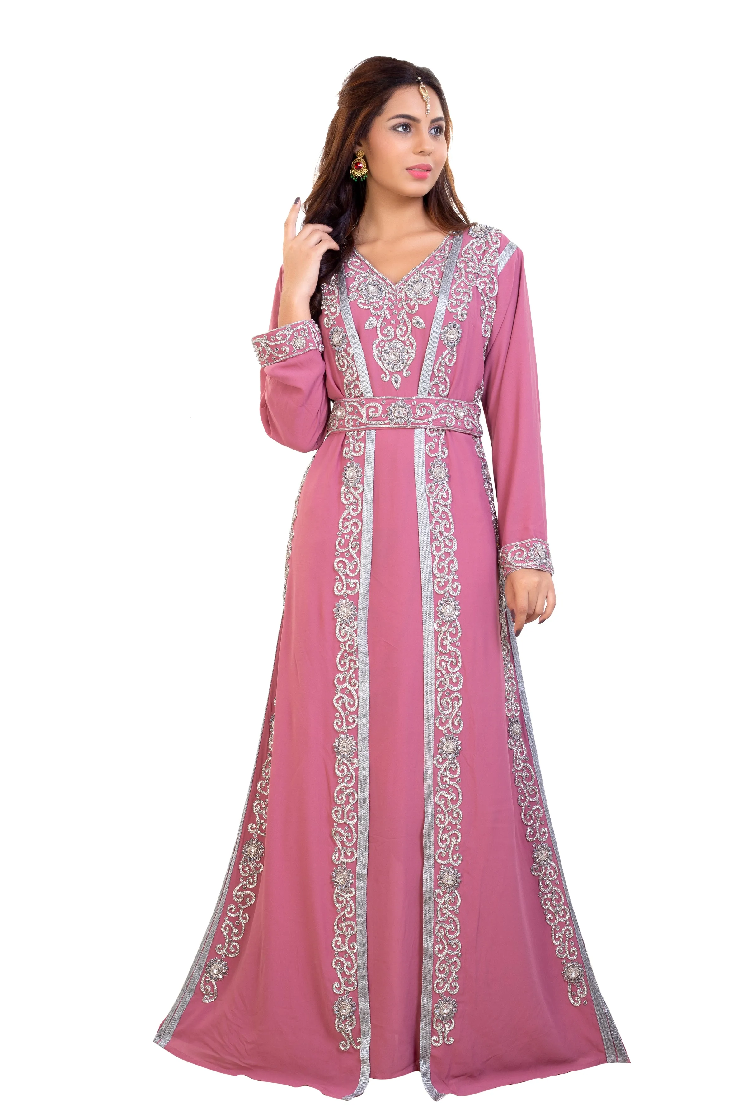 Embroidered Maxi Dress with Crystal Stones Beaded Dubai Kaftan