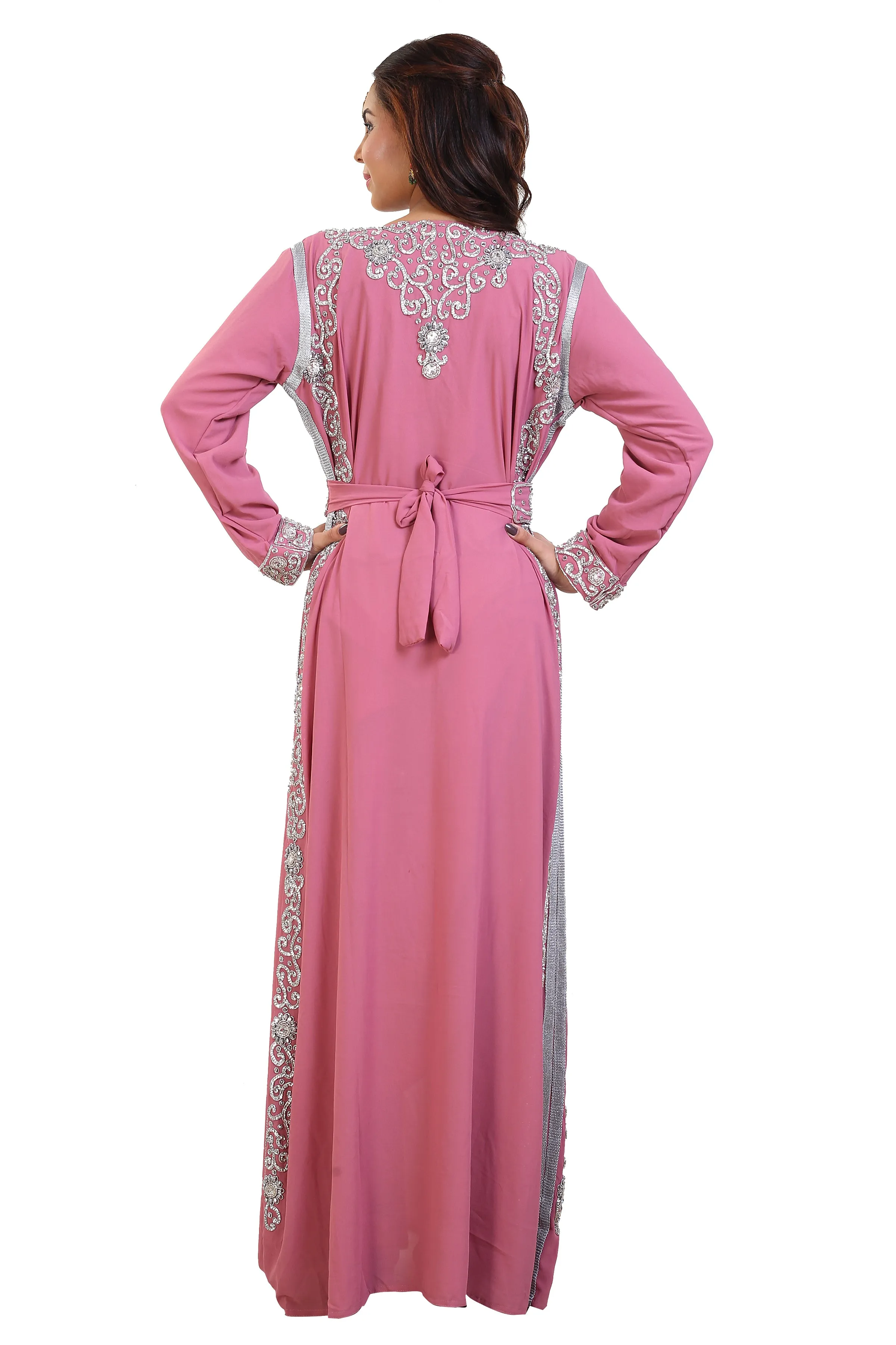 Embroidered Maxi Dress with Crystal Stones Beaded Dubai Kaftan