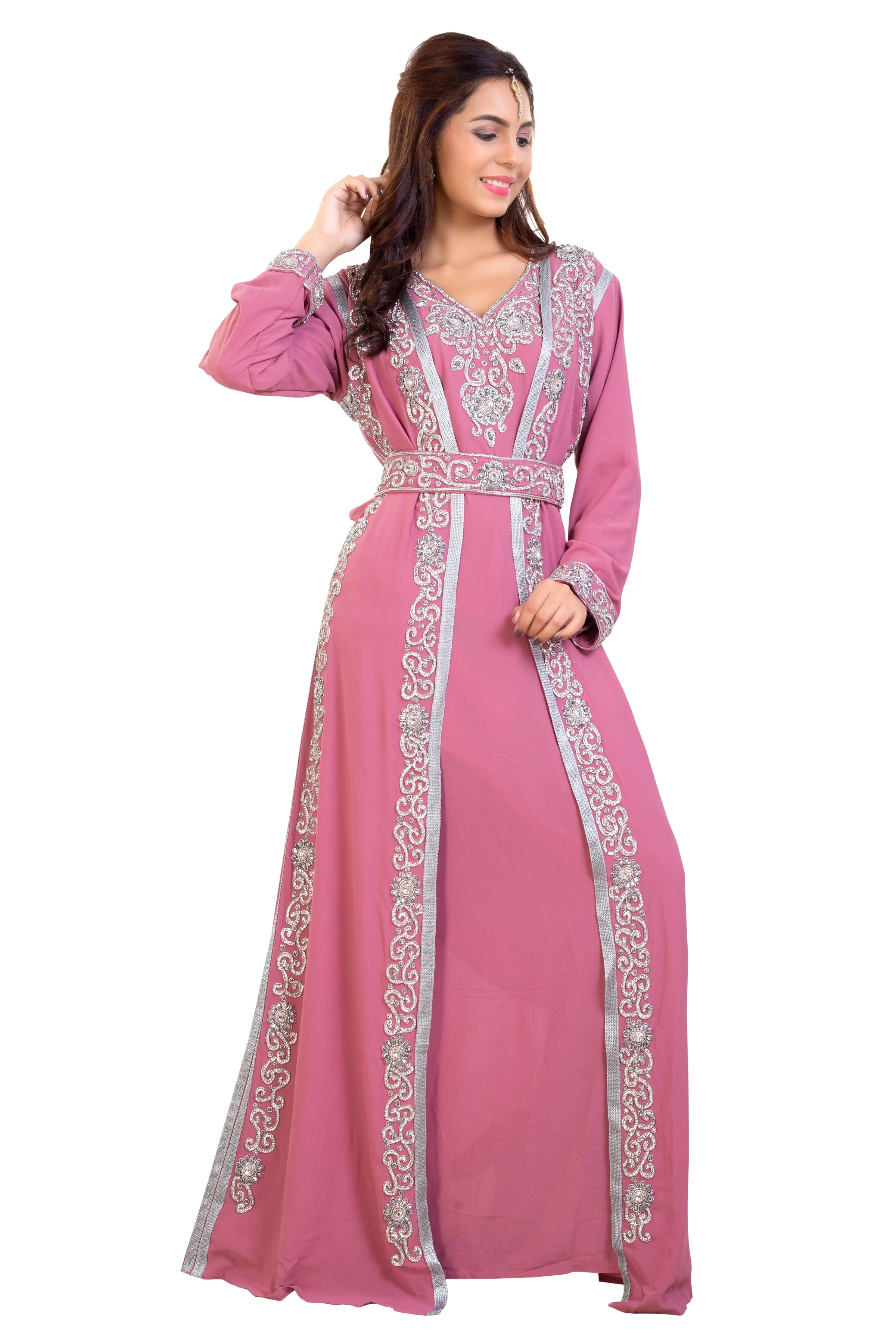 Embroidered Maxi Dress with Crystal Stones Beaded Dubai Kaftan