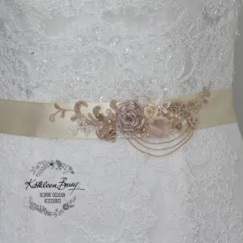 Eva Wedding dress sash belt - floral with lace - Blush pink and rose gold