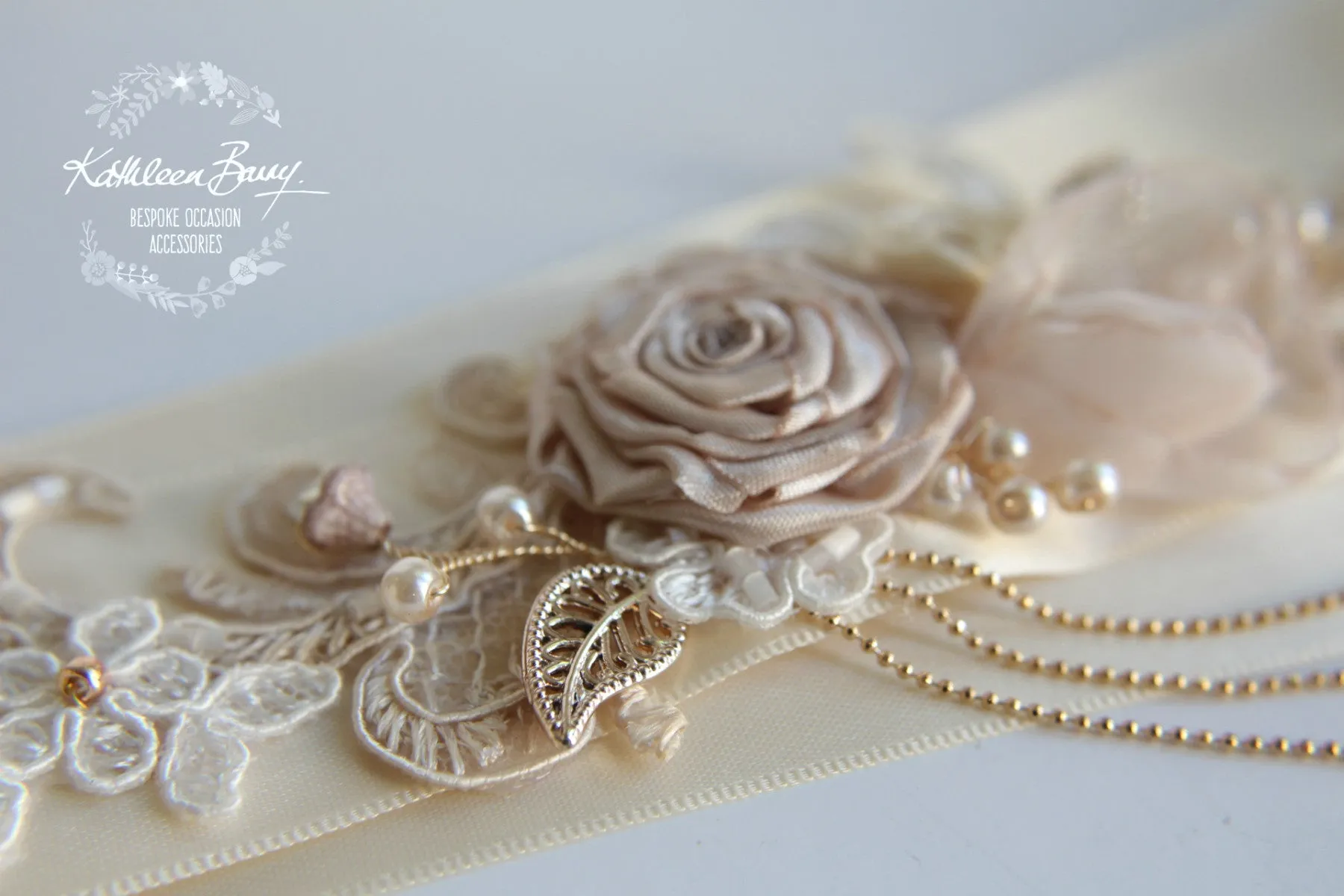 Eva Wedding dress sash belt - floral with lace - Blush pink and rose gold