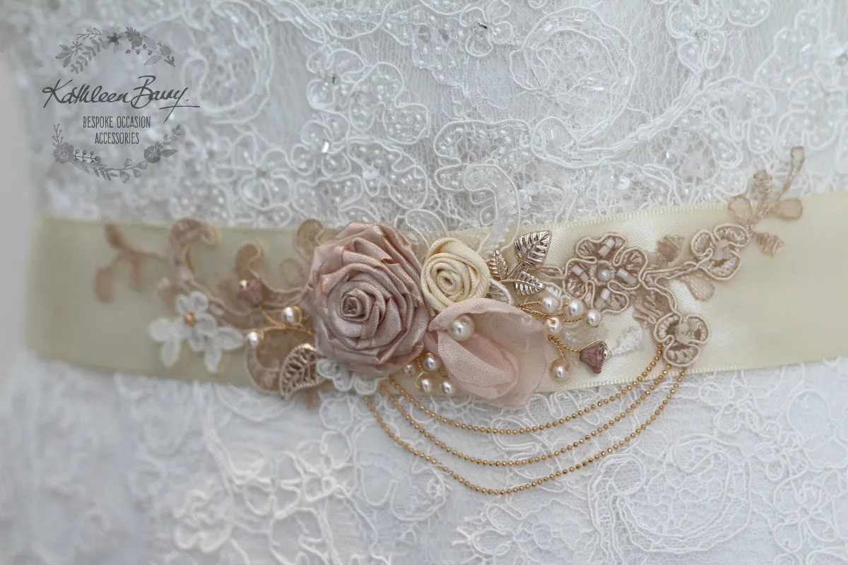 Eva Wedding dress sash belt - floral with lace - Blush pink and rose gold