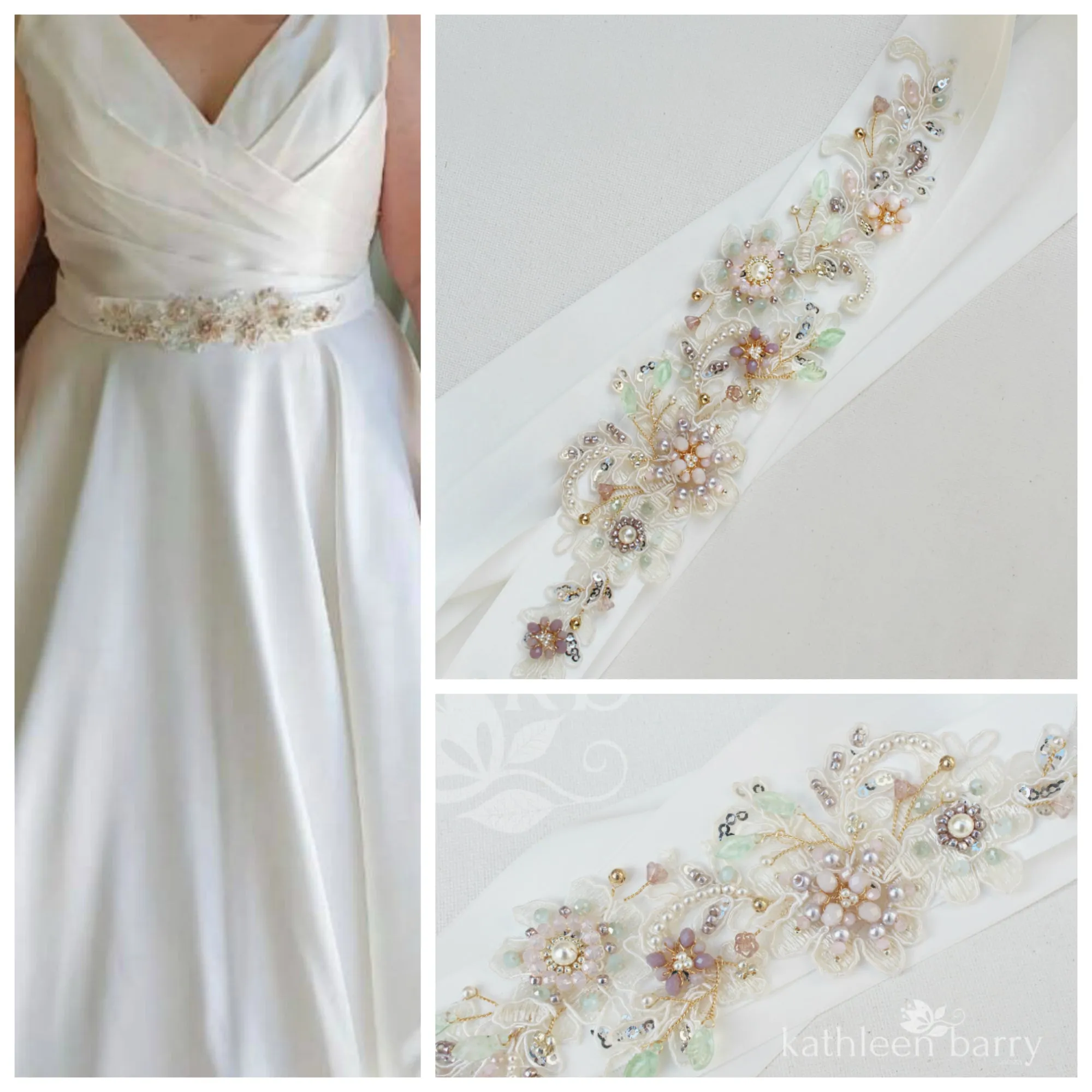 Evi Wedding dress sash / belt - Shades of lilac, dusty pink gold & sage - Color customization available