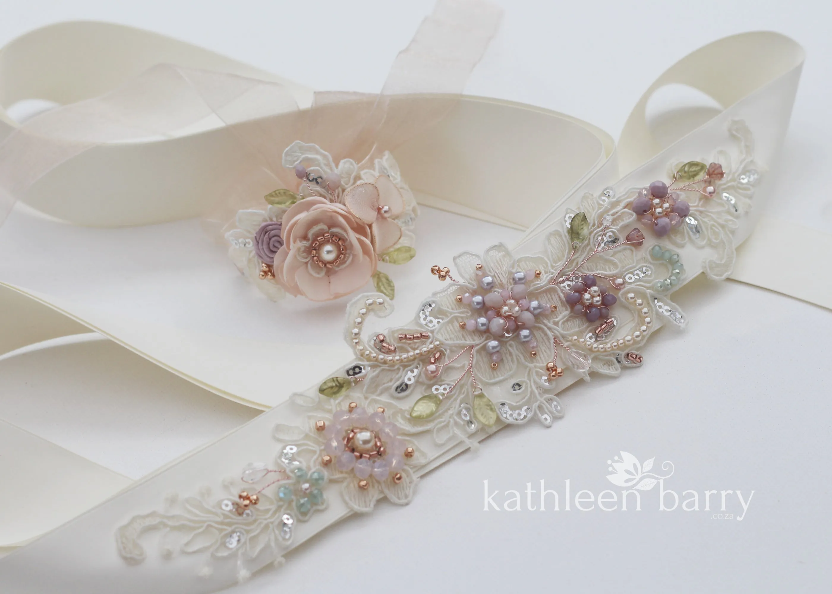 Evi Wedding dress sash / belt - Shades of lilac, dusty pink gold & sage - Color customization available