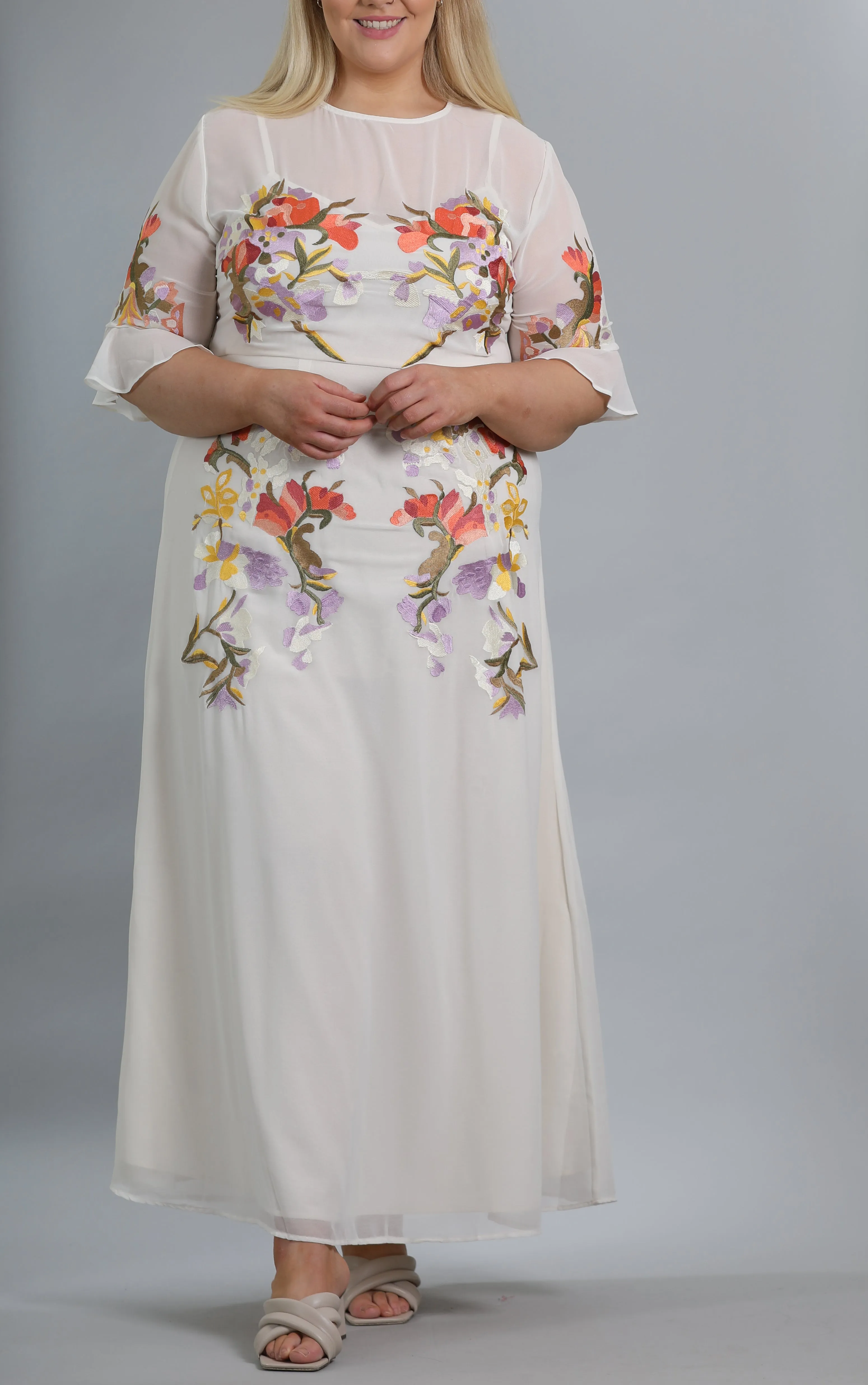 Fluted Sleeve Embroidered Maxi Dress In Ivory