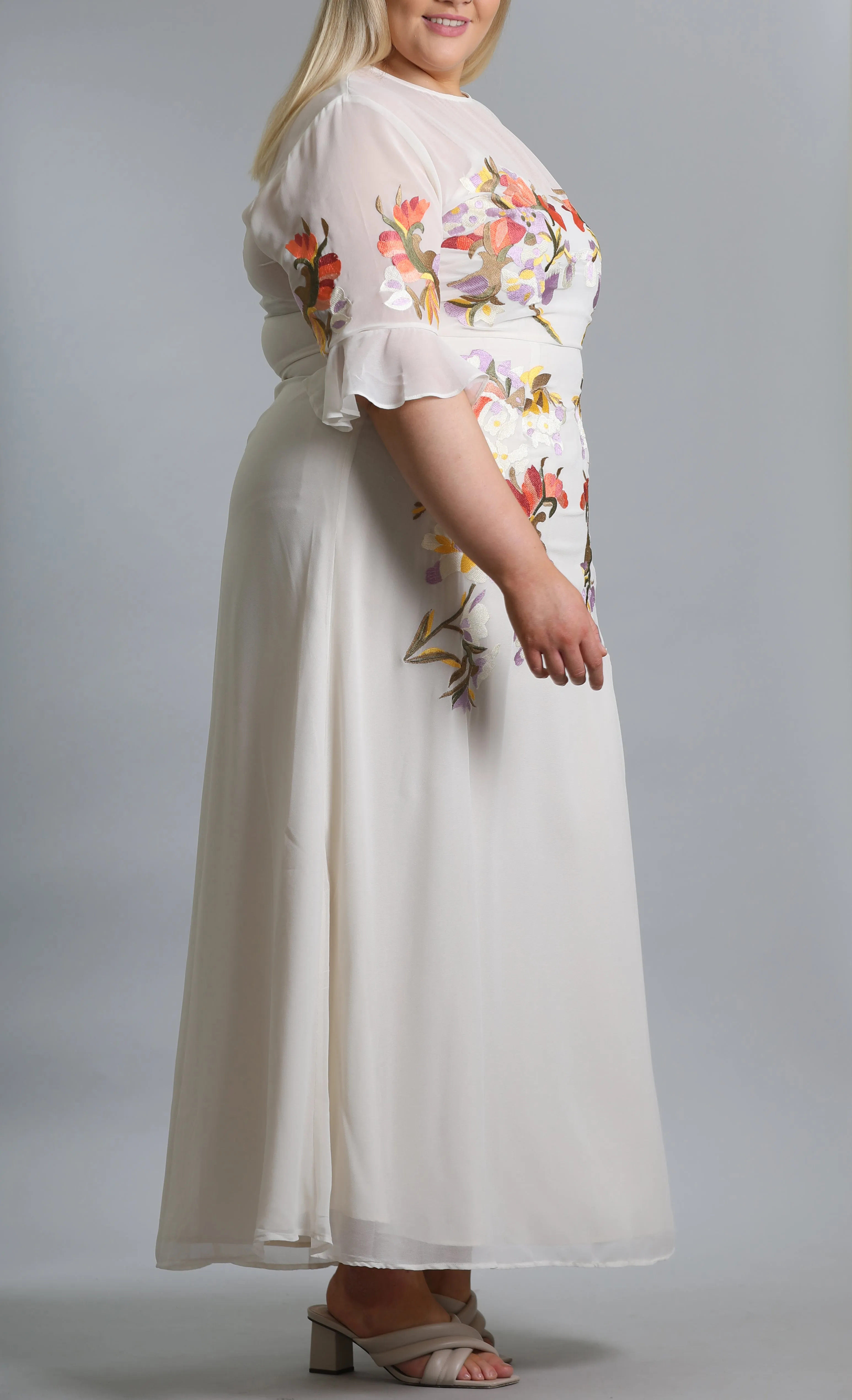 Fluted Sleeve Embroidered Maxi Dress In Ivory