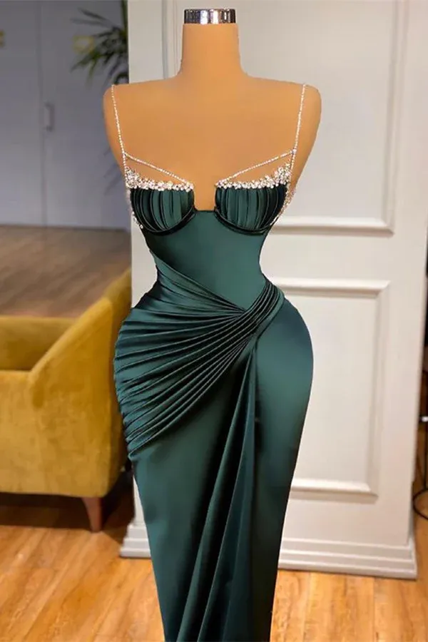 GORGEOUS DARK GREEN SPAGHETTI-STRAPS MERMAID PROM DRESS WITH BEADINGS AS01