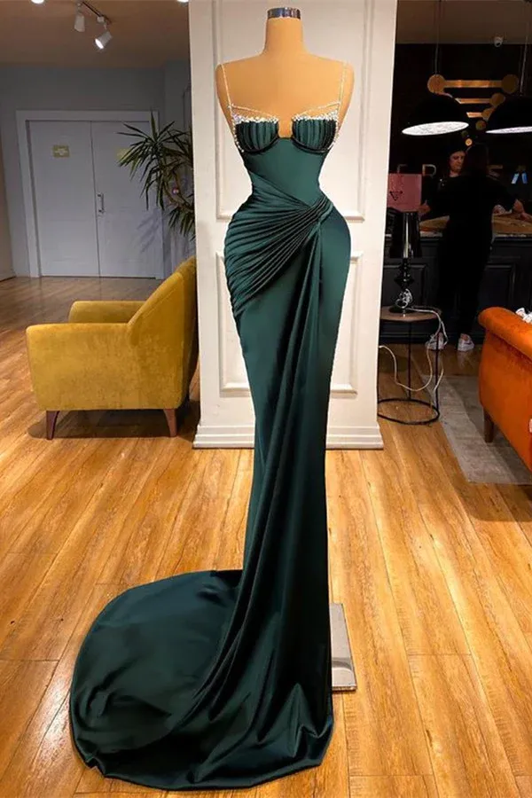 GORGEOUS DARK GREEN SPAGHETTI-STRAPS MERMAID PROM DRESS WITH BEADINGS AS01