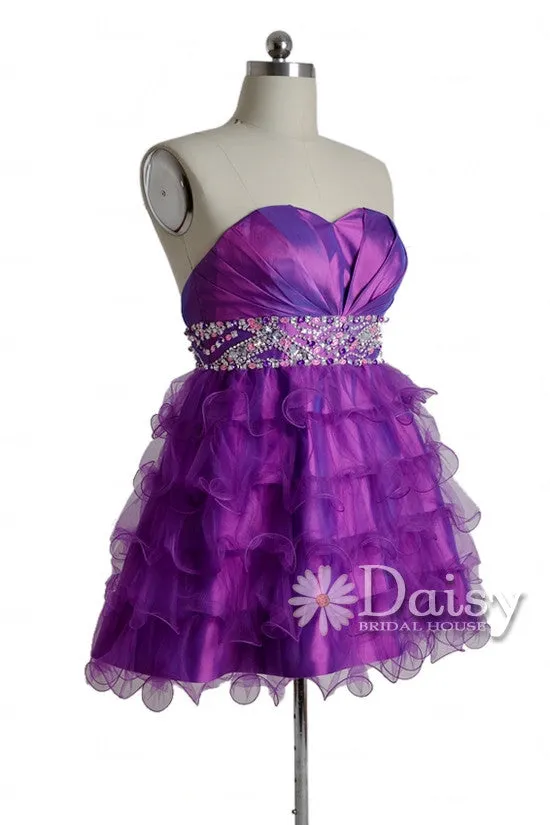 Gorgeous Purple Taffeta Mini Skirt Beaded Sweetheart Organza Prom Dress(PR47634)