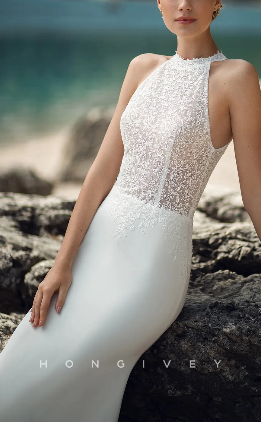 H1101 - Elegant & Luxurious High Neck Sleeveless Appliques Detachable With Overlay Boho/Beach Wedding Dress