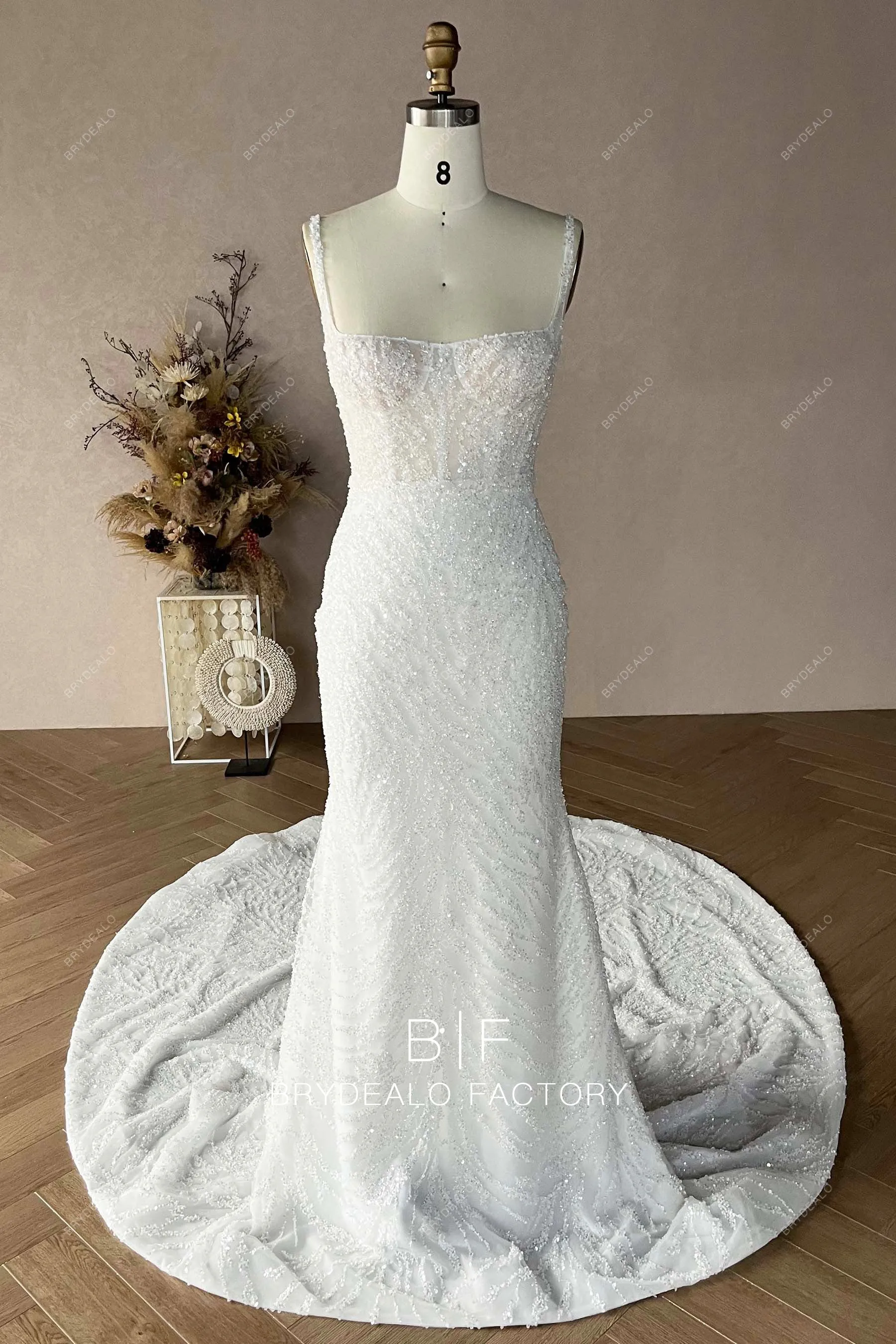 Heavy Beaded Luxury Square Neck Mermaid Wedding Dress