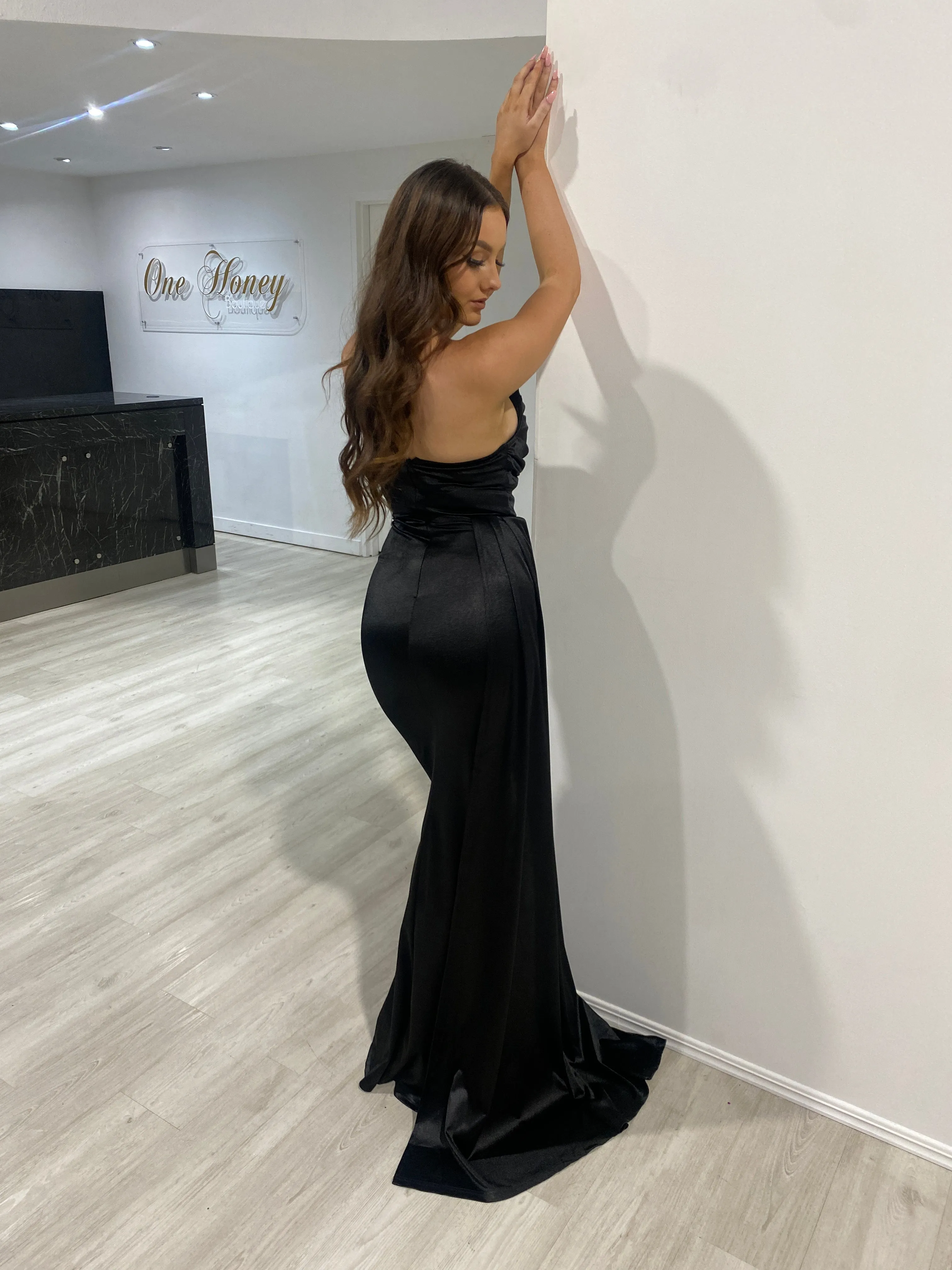 Honey Couture JAEDA Black Silky Bustier Strapless Mermaid Formal Dress