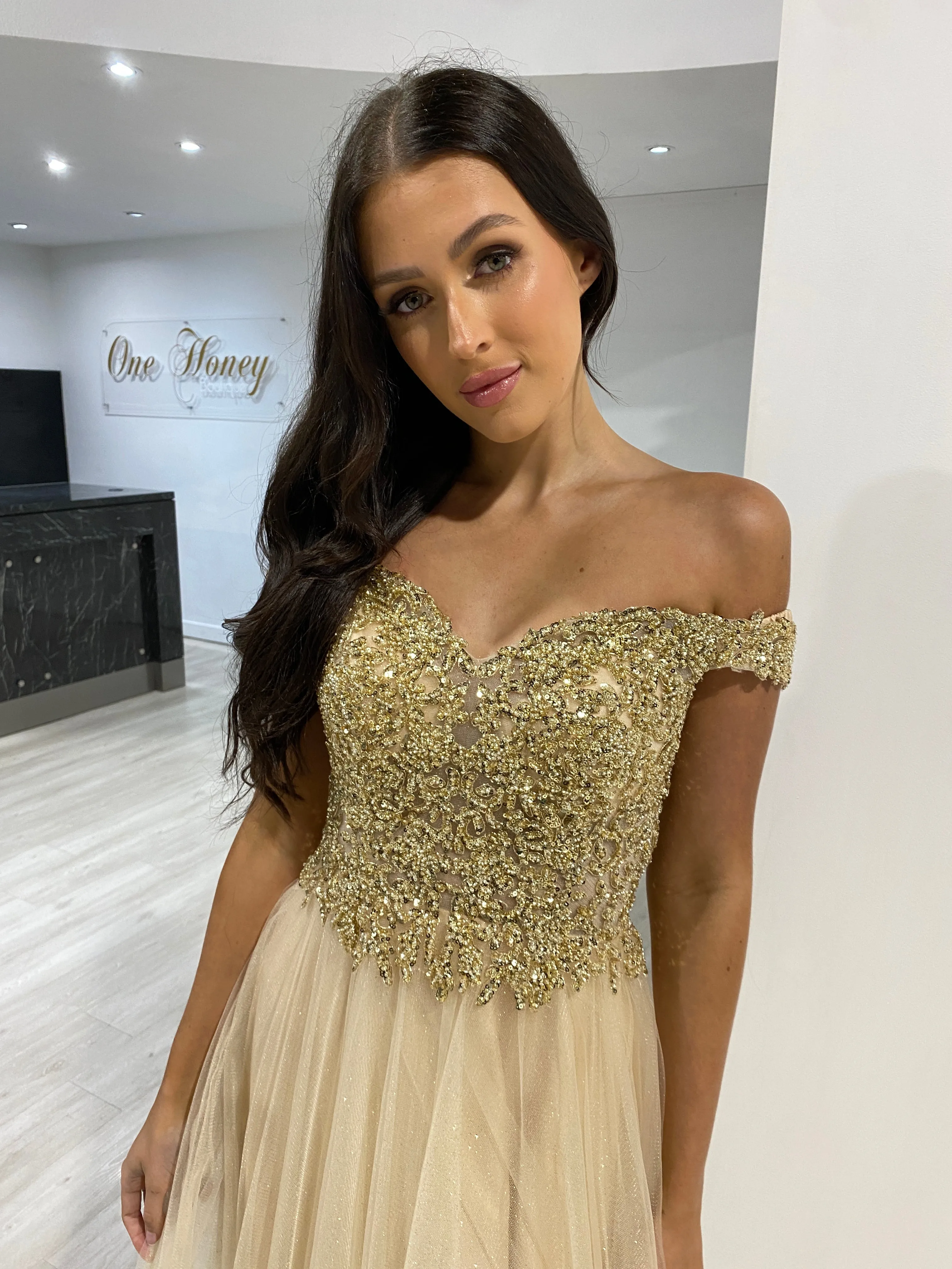 Honey Couture ROSIE Champagne Gold Off Shoulder Beaded Tulle Formal Dress