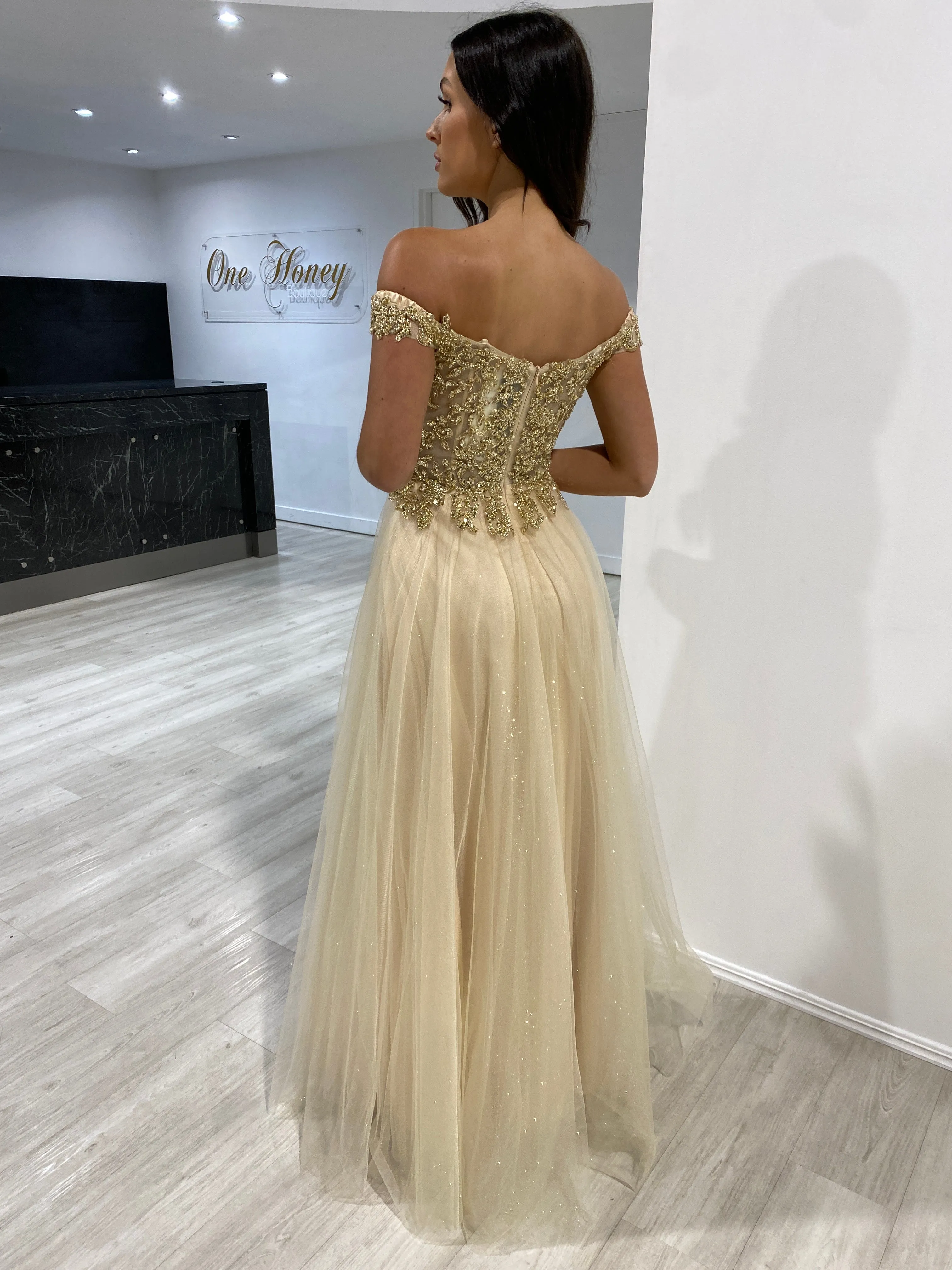 Honey Couture ROSIE Champagne Gold Off Shoulder Beaded Tulle Formal Dress