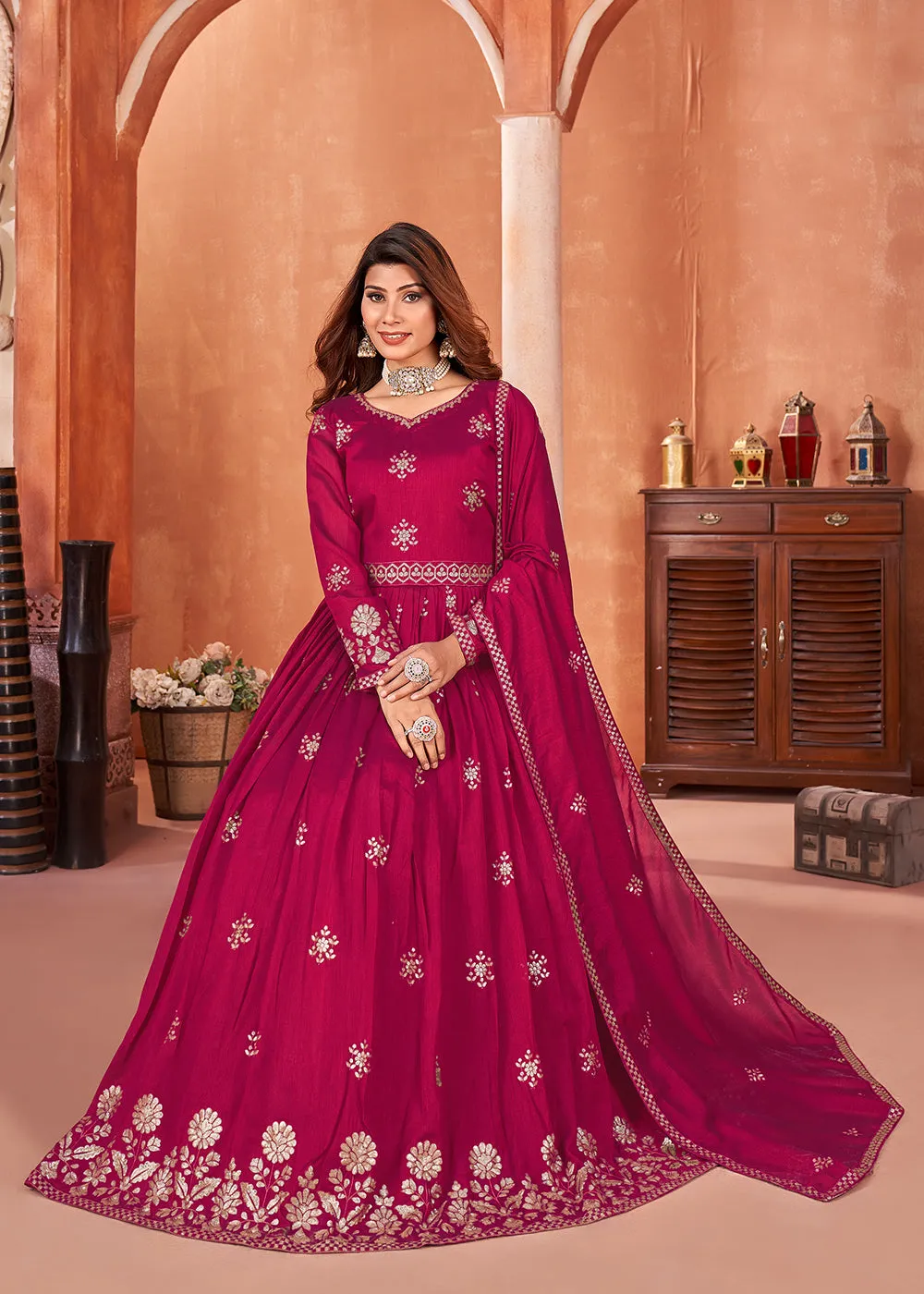 Hot Pink Festive Embroidered Art Silk Anarkali Suit