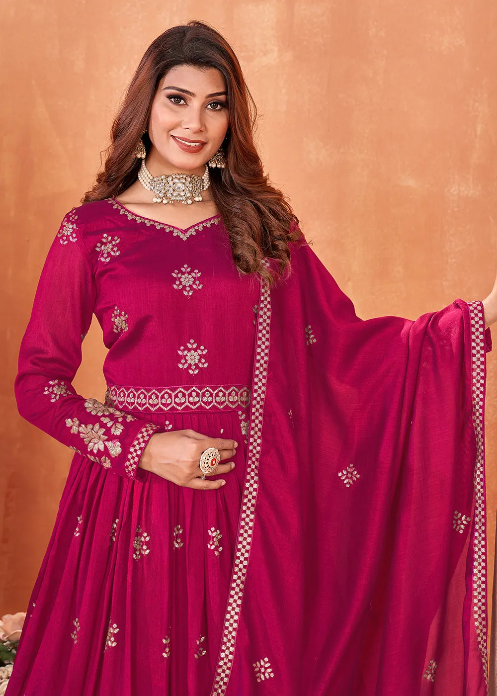 Hot Pink Festive Embroidered Art Silk Anarkali Suit