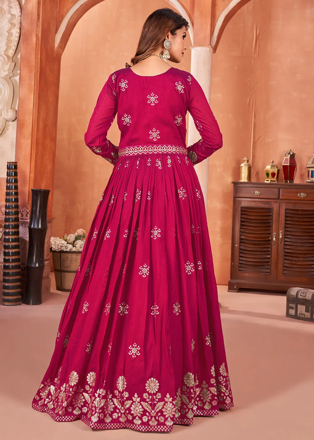 Hot Pink Festive Embroidered Art Silk Anarkali Suit