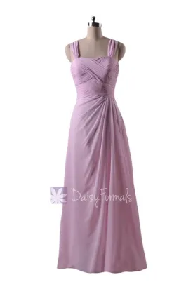 In stock,Ready to Ship - Floor Length Pink Chiffon Bridesmaid Dress W/ Straps (BM732L) - (#20 Ice Pink)