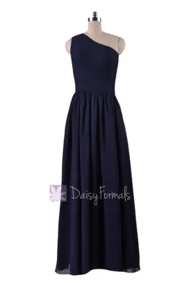 In stock,Ready to Ship -Navy Blue One-Shoulder Long Party Dress Chiffon Bridesmaid Dress(BM122) - (#35 Navy, Sz6)