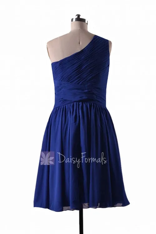 In stock,Ready to Ship - Short One Shoulder Blue Chiffon Bridesmaid Dress(BM351) - (#36 Sapphire)