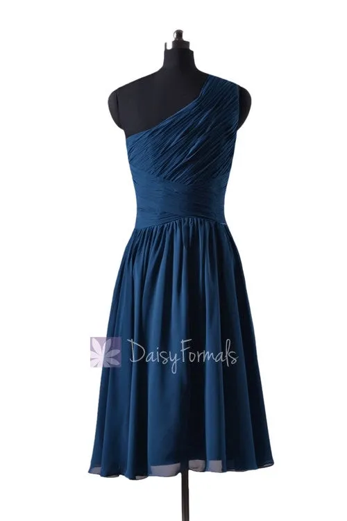 In stock,Ready to Ship - Short One Shoulder Peacock Blue Chiffon Bridesmaid Dress(BM351) - (#41 Peacock Blue, Sz2)