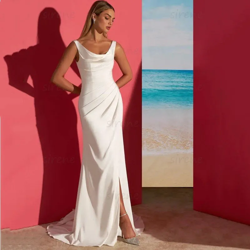 Joskaa Simple Mermaid Beach Wedding Dress White Satin O-Neck Spaghetti Straps Backless Pleat Bridal Gown Sweep Train