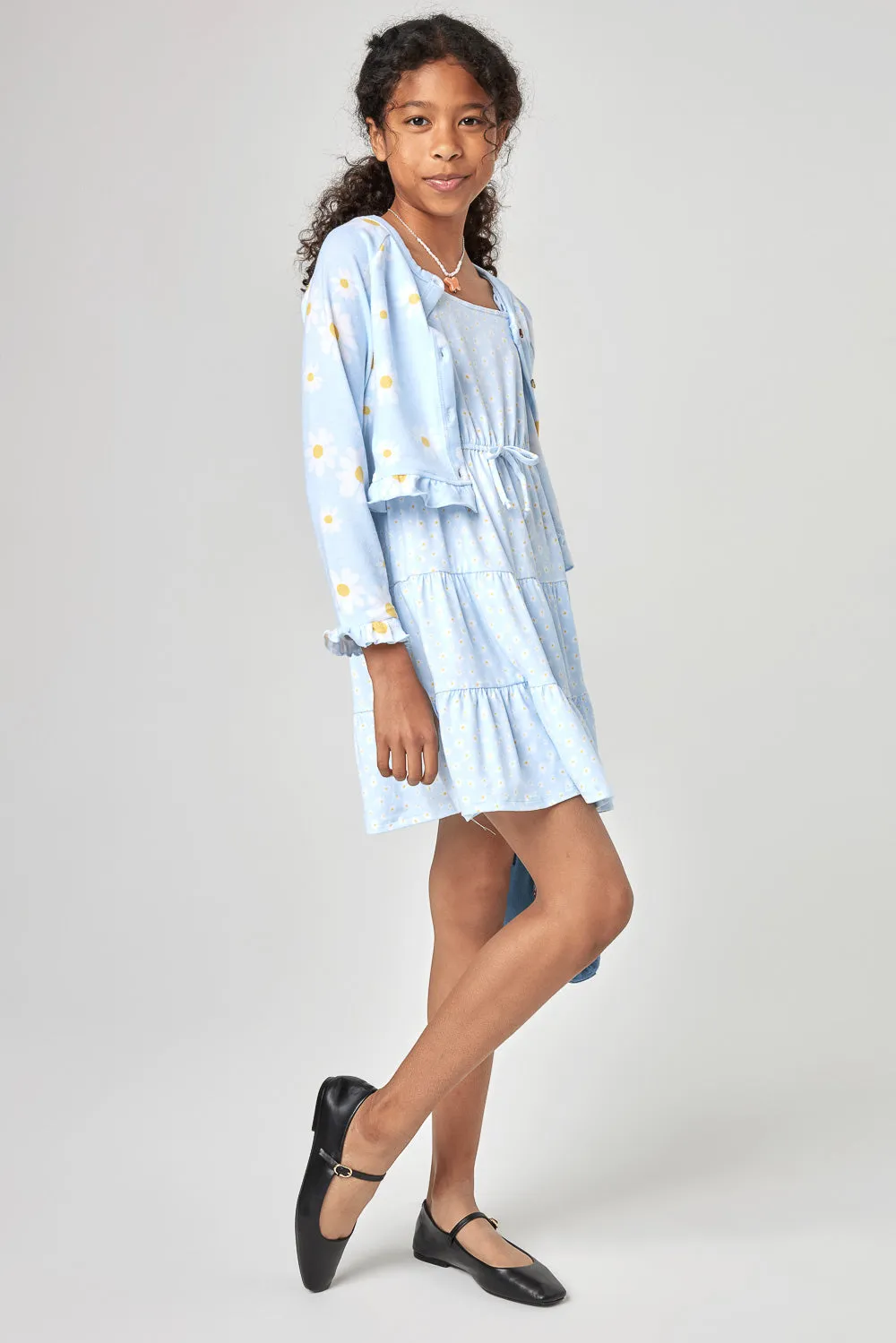 Kids Light Blue Floral Cardigan and Dress Set