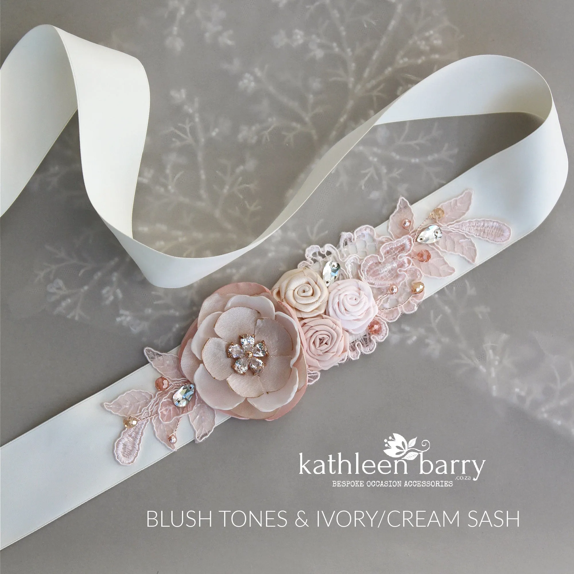 Leanne Wedding Dress Sash/Bridal belt in Blush pink and nude tones with luxury fabric flowers, rhinestone and lace detail - rose gold