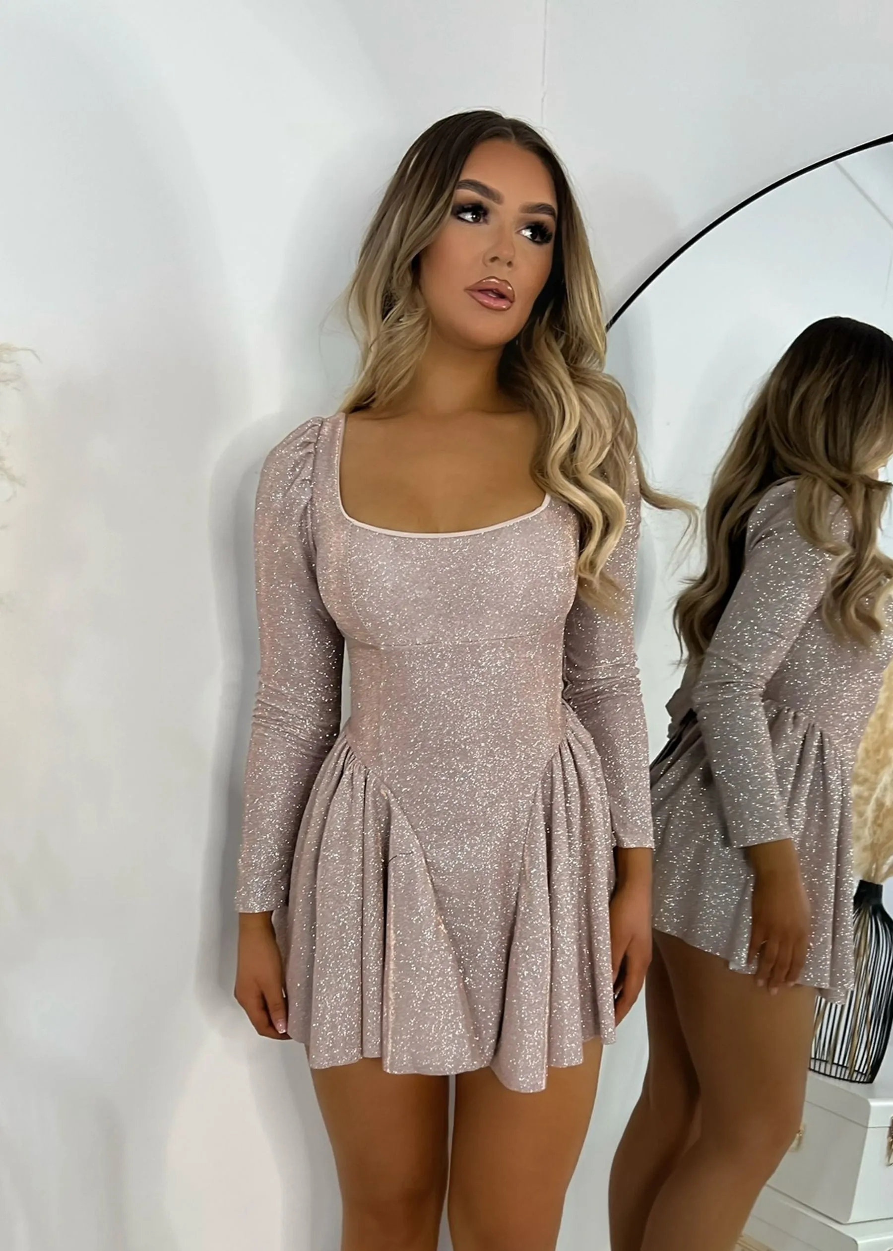 Pink Glitter Skater Mini Dress for Lovers Lane