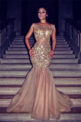 LUXURIOUS MERMAID HALTER TULLE CRYSTAL SLEEVELESS PROM DRESS SA91