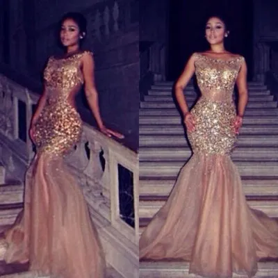 LUXURIOUS MERMAID HALTER TULLE CRYSTAL SLEEVELESS PROM DRESS SA91