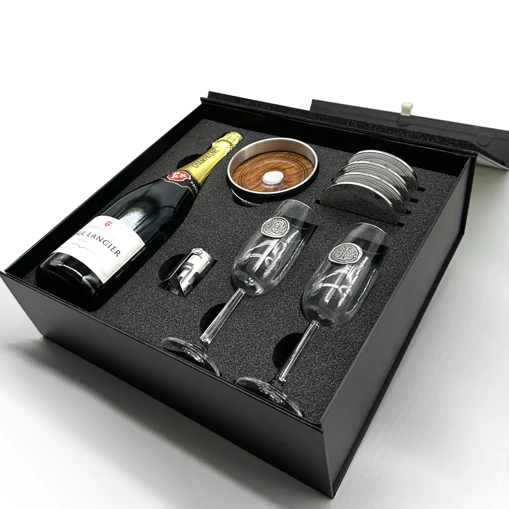 Luxury Champagne Gift Set Includes Bottle, 2 Personalised Champagne Flutes, Pewter Champagne Sealer, Pewter Bottle Coaster & 4 Pewter Coasters