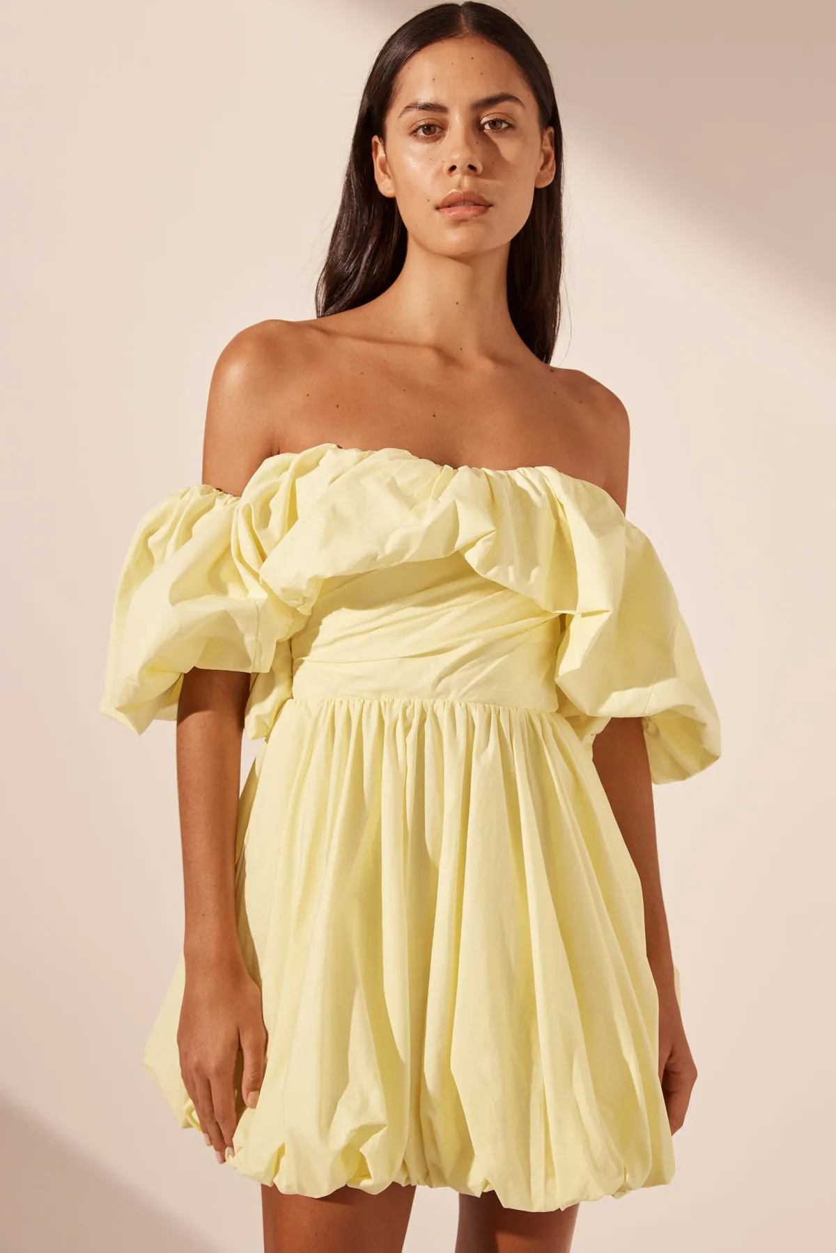 MAIORI OFF SHOULDER DRAPED BUBBLE MINI DRESS - LEMON