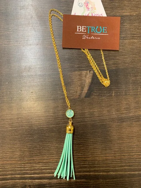 Mermaid Kisses Druzy Tassel Necklace-Mint