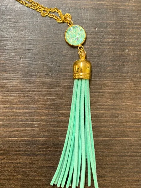 Mermaid Kisses Druzy Tassel Necklace-Mint