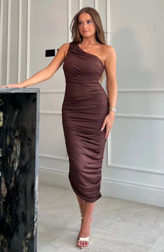 Monicia Brown One Shoulder Midi Dress