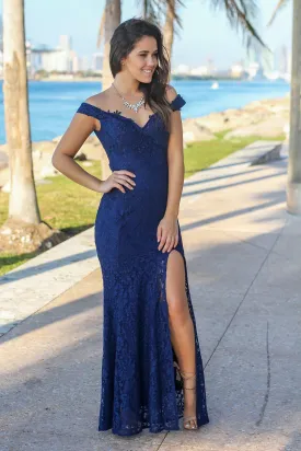 Navy Lace Off Shoulder Maxi Dress