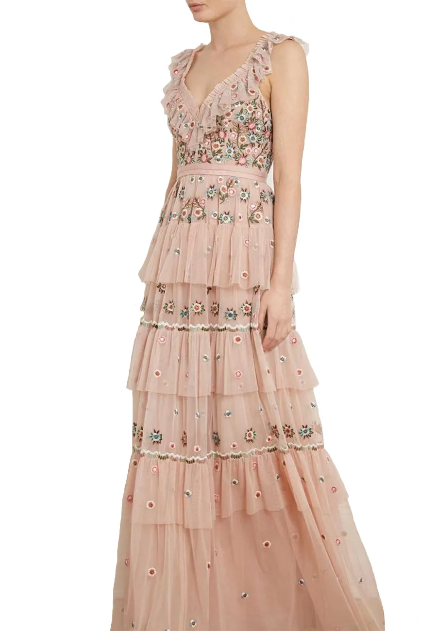 Nude Whimsical Ruffled Neckline Floral Embroidered Gown