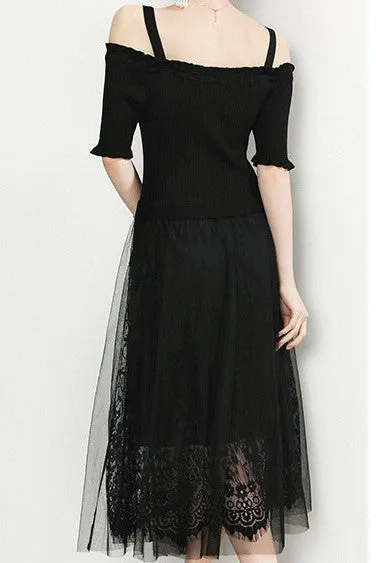 Off Shoulder Lace and Mesh Dress