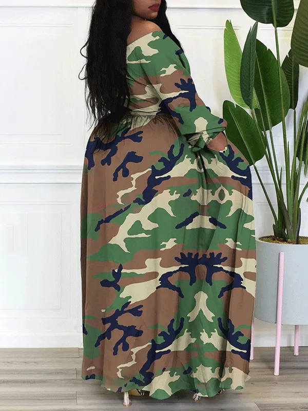 Off Shoulder Split Print Maxi Dress