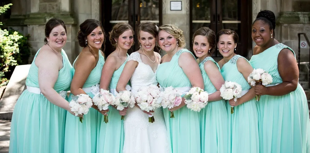 One Shoulder Mint Green Bridesmaid Dress Chiffon Party Dress W/Fabric Flowers(BM140211)